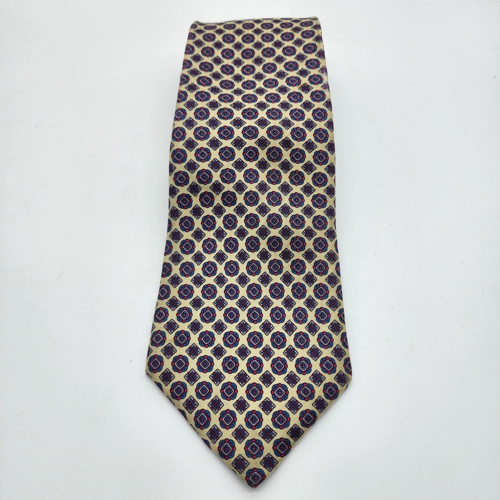 Yves Saint Laurent Neckwear Mens Necktie Yellow Red Geometric Medallion Silk